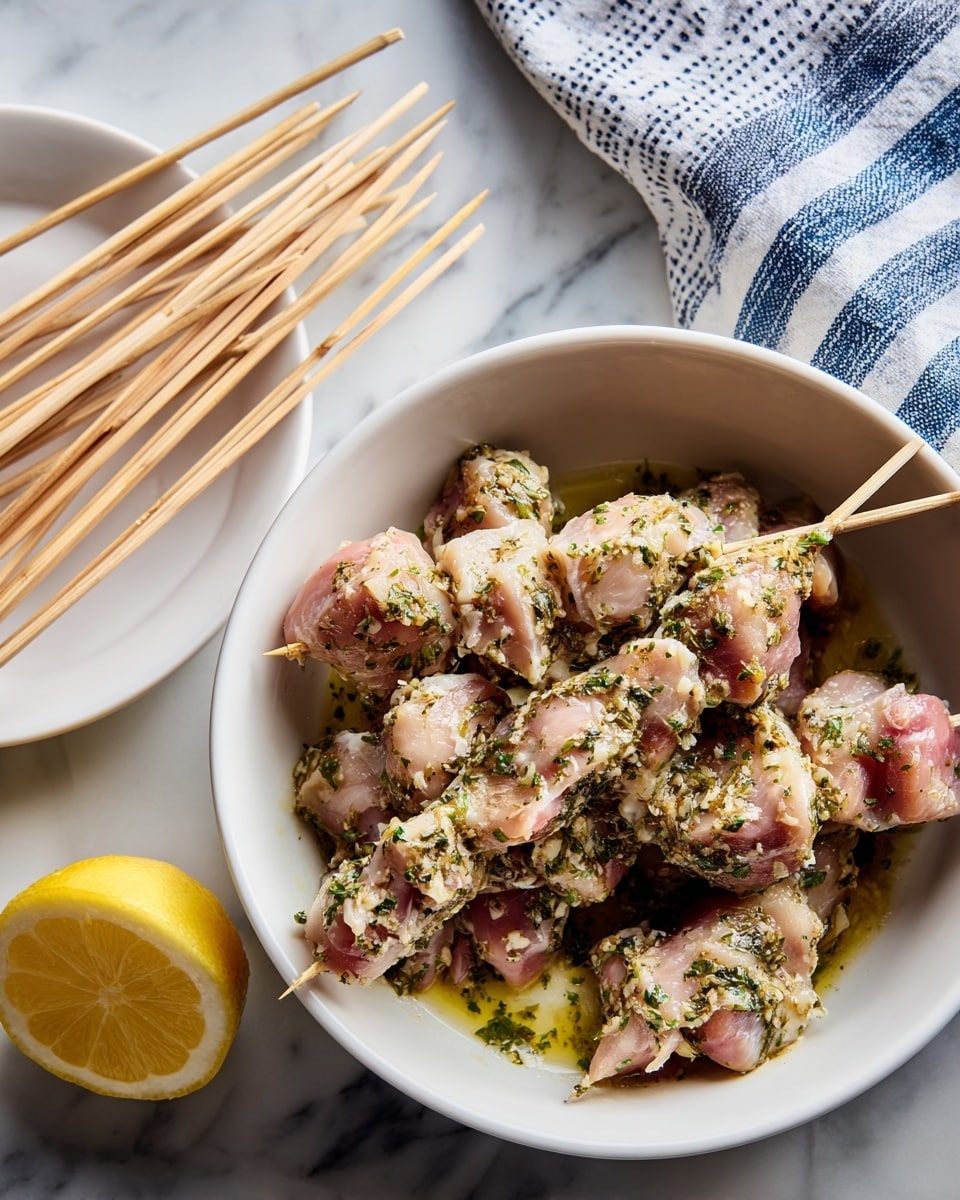 A white bowl filled with raw chicken chunks marinated with herbs and oil, giving the meat a shiny, slightly oily texture mixed with green specks from the herbs. One skewer is threaded with three pieces of marinated chicken, resting across the bowl. Nearby, a white plate holds two wooden skewers, each with several pieces of marinated chicken spaced out evenly. On the white marbled surface below, several empty wooden skewers lie scattered, and a half lemon is placed to the side. A blue and white striped cloth with dot and line patterns is folded in the upper right corner. The lighting is bright, highlighting the moist texture of the chicken pieces photo taken with an iphone --ar 4:5 --v 7