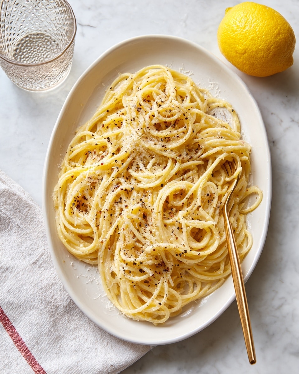 A large white oval plate holds a pile of thin spaghetti noodles coated in a light, creamy sauce with a slightly yellow tint, topped with a sprinkle of black pepper and finely grated cheese visible as a white powdery layer. A shiny gold fork is placed on the right side of the plate, partially resting on the noodles. The plate is set on a white marbled surface with a whole bright yellow lemon and a clear glass with a textured pattern containing a light liquid nearby. A white cloth napkin with a thin red stripe lies to the left side of the plate. photo taken with an iphone --ar 4:5 --v 7