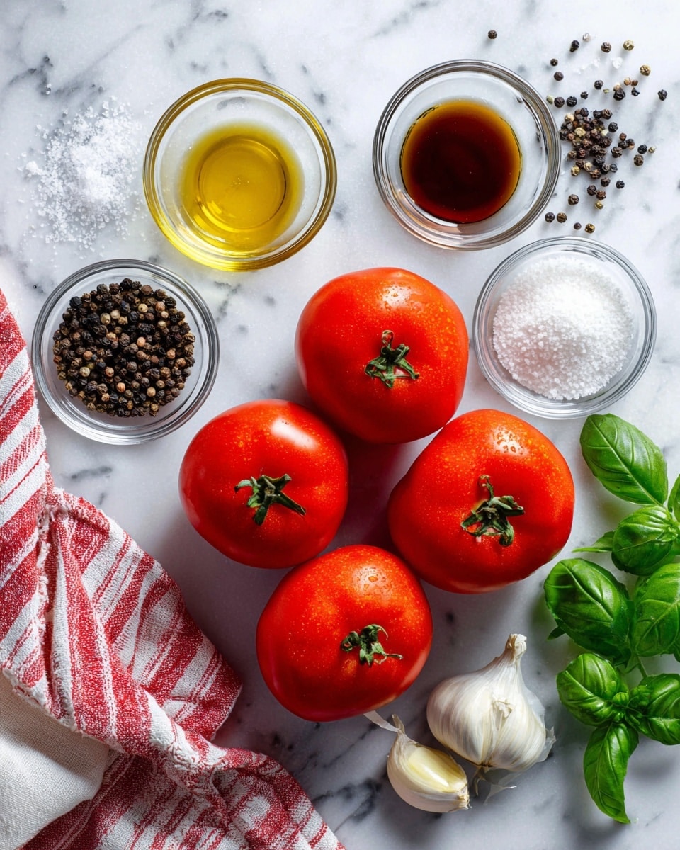 The image shows five red tomatoes with smooth skin arranged in a loose circle on a white marbled surface. Around the tomatoes are small clear glass bowls containing different ingredients: one has golden yellow olive oil, another has white granulated sugar, a third holds clear salt grains, and another contains dark brown balsamic vinegar. Two peeled garlic cloves lay near the olive oil bowl. Scattered black peppercorns are spread near the top and right side. Bright green fresh basil leaves are placed on the right, with some finely chopped basil in a small bowl. A red, white, and gray striped cloth napkin is partly visible in the top left corner. The labels of the ingredients are written in bold black text next to each item. Photo taken with an iphone --ar 4:5 --v 7