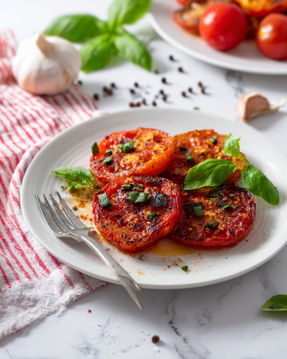 The image shows a white round plate with four pieces of roasted tomato slices, each slice having a soft, slightly charred texture and a mix of deep red and orange colors. The tomato slices are topped with small green herb pieces and a few fresh basil leaves for garnish, adding bright green accents. A silver fork rests on the left side of the plate. In the background, there is a white plate with more roasted tomato slices and green basil leaves visible on a white marbled surface, along with a red and white striped cloth with cloves of garlic and peppercorns scattered around. Photo taken with an iphone --ar 4:5 --v 7
