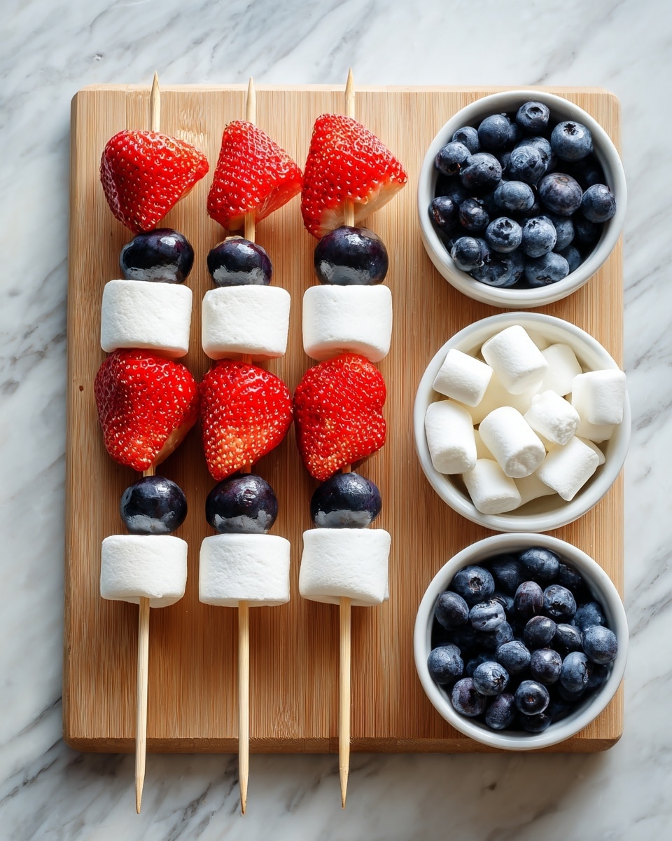 A close-up view of a woman's hand holding a wooden skewer with five pieces of food stacked vertically: a red strawberry at the bottom, followed by a white marshmallow, a dark blue blueberry, another white marshmallow, and a red strawberry on top, with the woman’s hand pinching a marshmallow at the skewer's end. The background shows a wooden surface with chopped strawberries scattered around and a white bowl filled with dark blue blueberries on the right side. The overall scene has a warm, colorful, and fresh look with a white marbled texture background. Photo taken with an iphone --ar 4:5 --v 7
