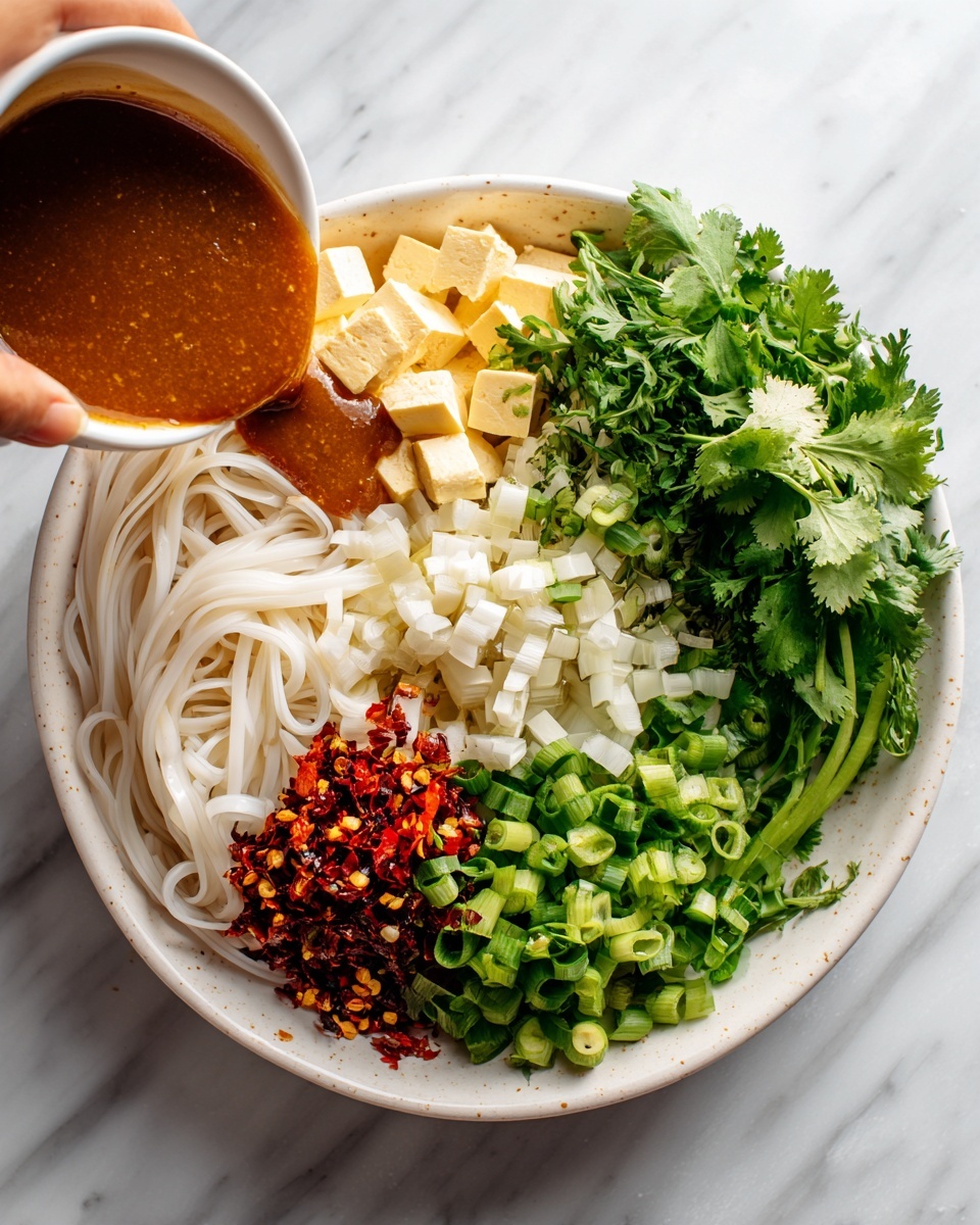 In a white bowl on a white marbled surface, there is a colorful noodle dish arranged in layers. The bottom layer is made of flat white rice noodles filling most of the bowl. On the right, there is a thick group of chopped green onions showing light and dark green tones. Above it, fresh cilantro leaves form a bright green bunch with textured leaves. On the left top side, small light yellow cubes of tofu are stacked neatly. Near the center and under some noodles, a sprinkle of red chili flakes adds a dark red pop of color. In the bottom left corner, a woman's hand is pouring a thick brown sauce from a small white bowl onto the noodles, creating a spread of rich color and texture. Photo taken with an iphone --ar 4:5 --v 7