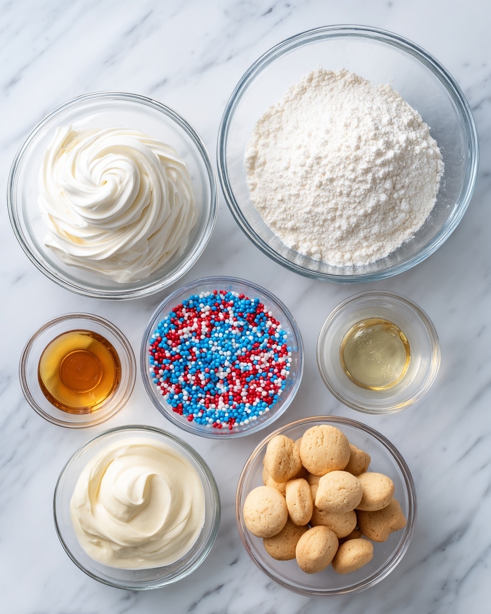 The image shows a top-down view of six clear glass bowls arranged on a white marbled surface. The largest bowl on the top right is filled with a fine, powdery white cake mix. To its left is a bowl with thick, white, creamy Cool Whip with smooth swirls. Below that is a small bowl filled with round, colorful sprinkles in red, blue, and white. Next to the sprinkles, slightly to the right, is a tiny bowl holding golden-brown vanilla extract. At the bottom left is a bowl with creamy, pale yellow vanilla yogurt. Finally, the bottom right features a bowl packed with small round golden-brown cookies labeled
