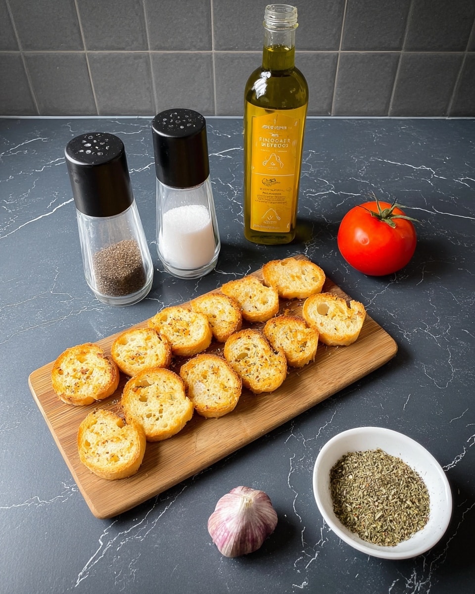 A wooden board holds four rows of small, round toasted bread slices, each having a golden brown and slightly crispy texture. Above the board, there are two black-topped glass shakers, one with black pepper and the other with white salt, next to a tall green bottle of olive oil with a yellow label. Below the board, on a dark gray surface with a white marbled texture, there is a whole red tomato, a single clove of garlic with a purple tint, and a small white bowl filled with dried green herbs. Photo taken with an iphone --ar 4:5 --v 7