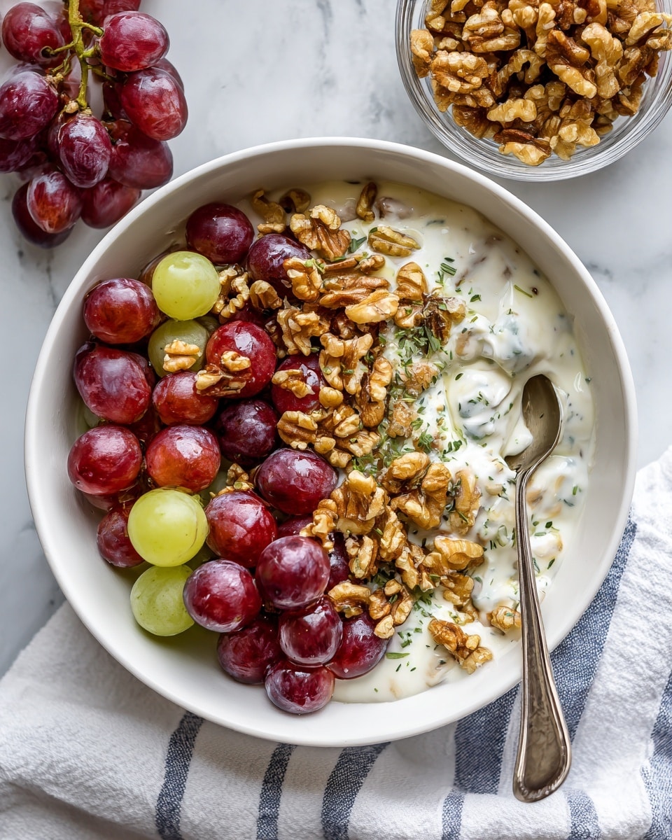 A white bowl filled with round green and red grapes evenly coated in a thick layer of creamy white yogurt or dressing, topped with small clusters of crunchy golden-brown candied nuts and sprinkled with tiny green herb flakes for color. The grapes are densely packed, showing their shiny skins peeking through the creamy layer. In the background, there is a bunch of red grapes and a clear bowl of candied nuts on a white marbled surface, with a blue and white striped cloth partially visible on the left side. The photo taken with an iphone --ar 4:5 --v 7