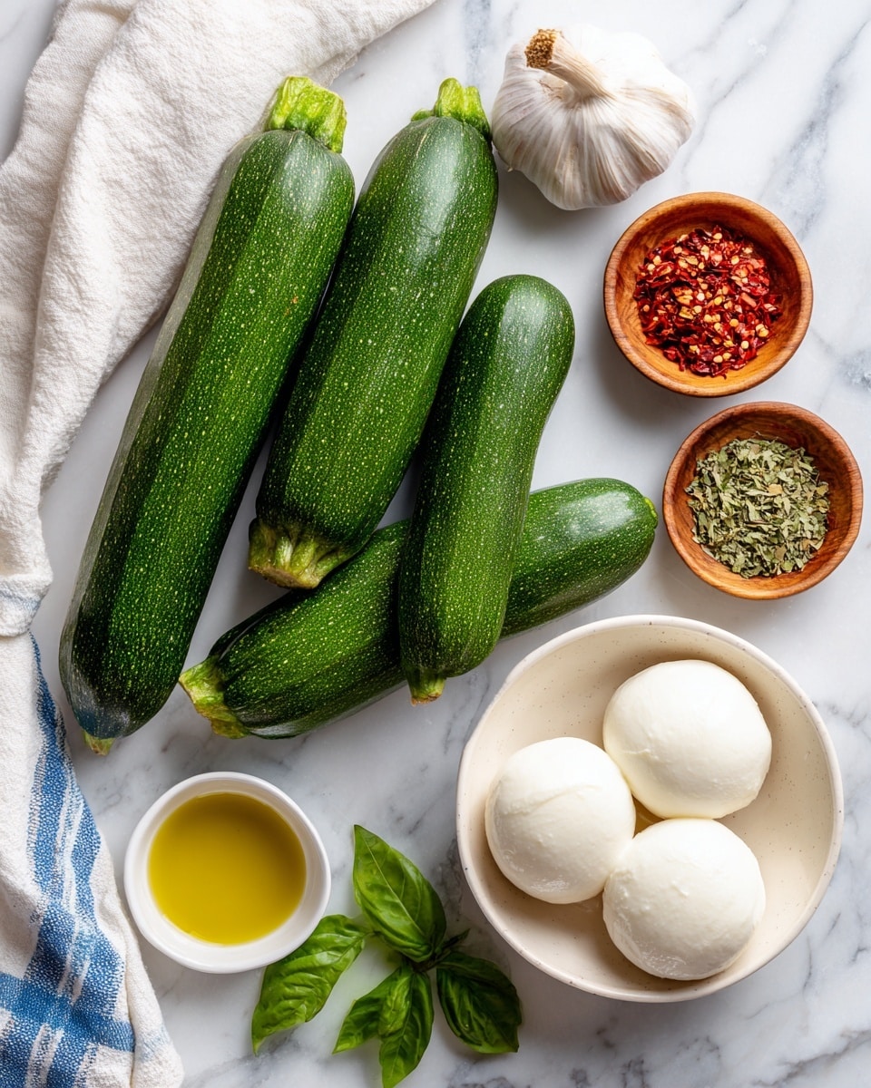 Three green zucchinis are placed diagonally in the center on a white marbled surface. To the right is a white bowl holding three smooth, round mozzarella cheese balls. Above the zucchinis, from left to right, there is a whole bulb of white garlic, a small wooden bowl filled with red chili flakes, and another wooden bowl with green dried herbs. Below and to the left is a small white dish with golden olive oil. Fresh green basil leaves are at the bottom left near a crumpled white cloth with blue stripes on the right side of the image. Photo taken with an iphone --ar 4:5 --v 7