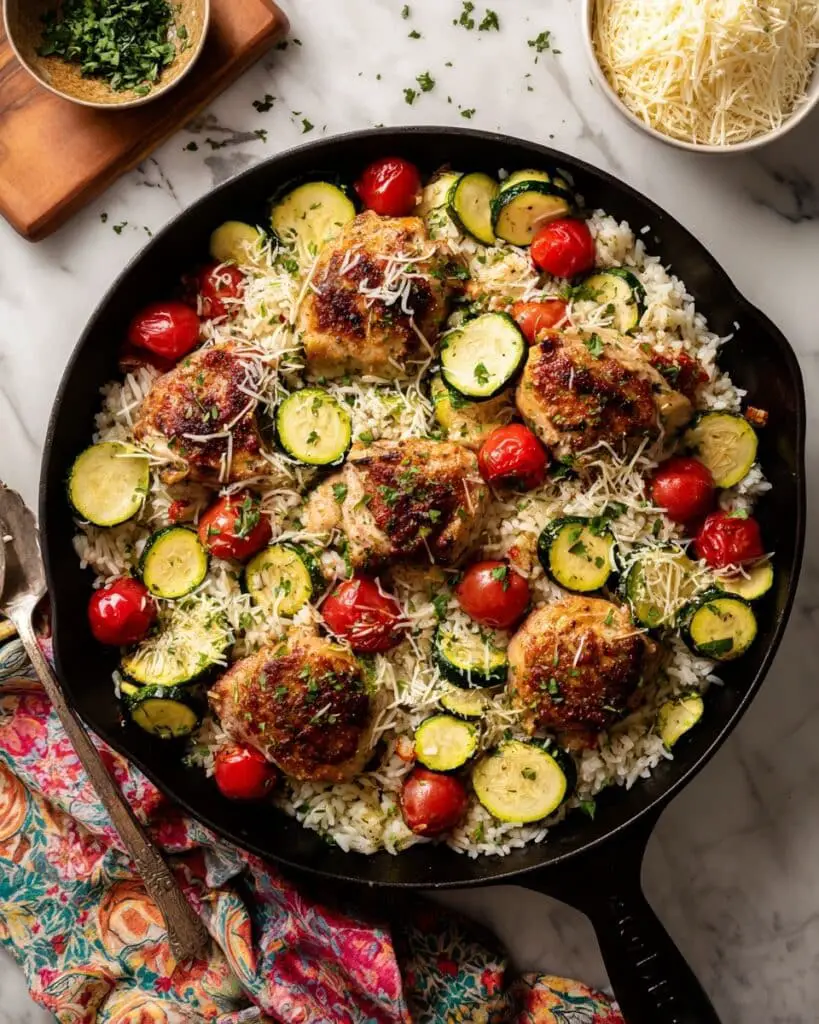 One Pan Tuscan Chicken and Rice Skillet Recipe