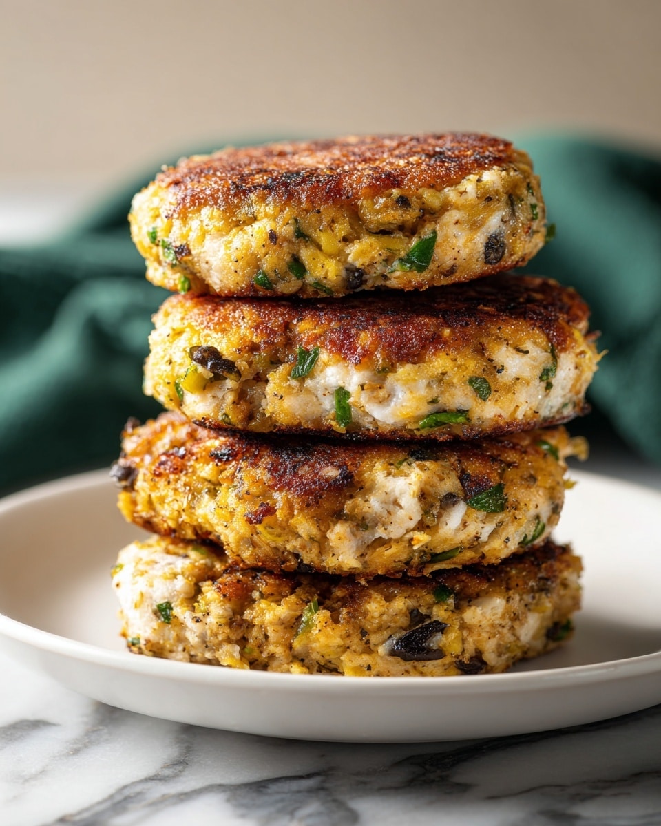 A stack of four thick, round patties with a light golden brown crust and visible bits of green herbs and black olives sits on two white plates. Each patty has a textured surface, showing a mix of creamy white with browned spots, indicating they are cooked evenly. The stack is centered and close up, with a slightly blurred background featuring a dark green cloth and a white marbled surface. The lighting highlights the crisp edges and soft center of the patties, giving a warm and inviting look. photo taken with an iphone --ar 4:5 --v 7