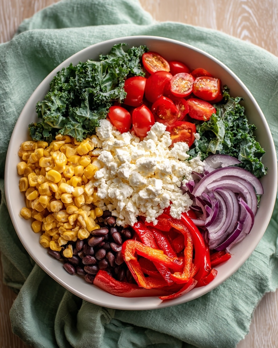 A white bowl filled with seven colorful layers starting from the top left with bright red cherry tomato halves, next to dark green kale leaves, followed by thin purple rings of onion on the right. Below the kale is a large mound of white crumbled cheese in the center. To the left of the cheese is roasted pale yellow corn with some charred spots, and under the cheese are shiny black beans. On the bottom right side there are bright roasted red bell pepper strips. The bowl sits on a soft green cloth over a light wooden table with a white marbled texture visible at the edges. Photo taken with an iphone --ar 4:5 --v 7