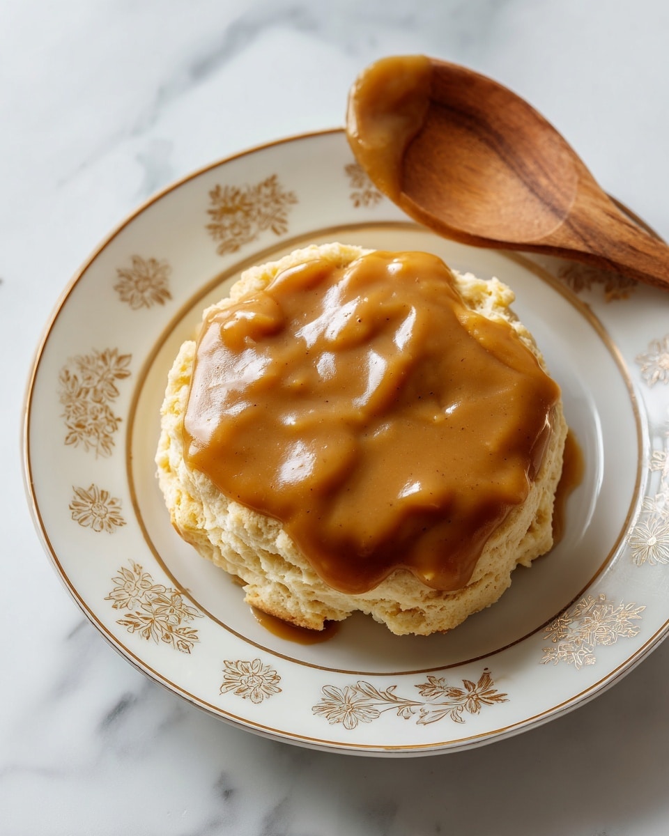 The image shows a single layer of an open biscuit with a rough, soft texture and light beige color, placed in the center of a white plate with a simple gold floral pattern on the rim. On top of the biscuit, there is one layer of thick, shiny brown gravy spread evenly, covering most of the biscuit’s surface. In the background, there is a wooden spatula resting on the edge of the plate, and the scene is set on a white marbled surface. Photo taken with an iphone --ar 4:5 --v 7