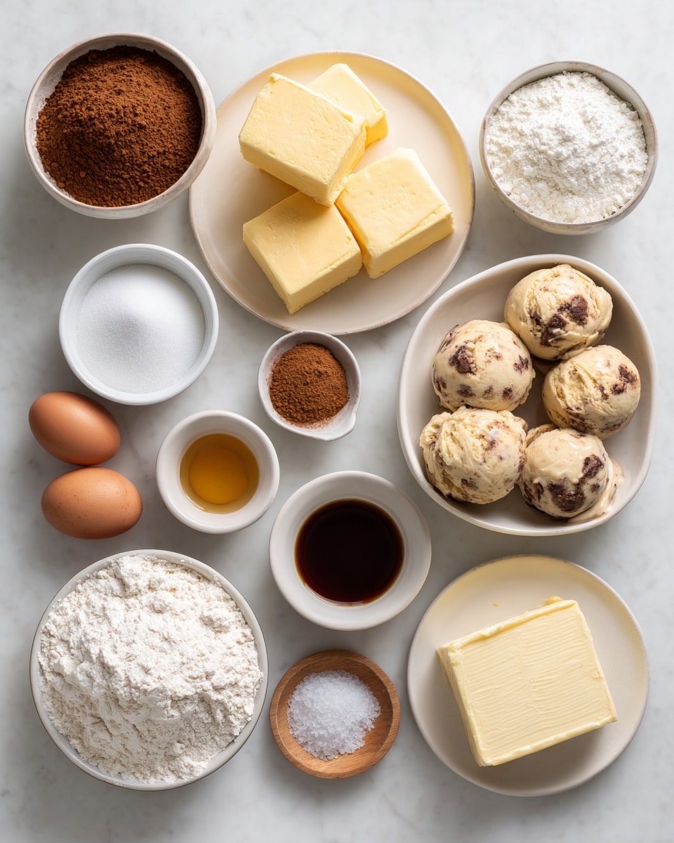 A flat lay of various baking ingredients arranged neatly on a white marbled surface, including a white bowl filled with cocoa powder at the top left, a white plate with four blocks of yellow butter in the center, a small white bowl of brown cinnamon to the right of the butter, and a white bowl with five scoops of light brown ice cream with dark brown spots near the top right. Below, from left to right, there is a white bowl of white sugar, a small white bowl with dark brown vanilla liquid, a small white plate holding two brown eggs, a white bowl with powdered sugar, a white plate with a thick rectangle of cream cheese, and a wooden bowl of flour near the bottom left. A small round wooden dish with white salt sits near the bottom right. Everything is spread out on a smooth, white marbled background, creating a clean and organized look. Photo taken with an iphone --ar 4:5 --v 7