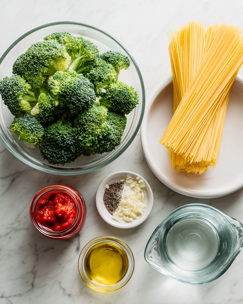 A top view of ingredients arranged on a white marbled surface, including a clear glass bowl filled with bright green broccoli florets on the upper left, a white bowl full of uncooked yellow spaghetti strands on the upper right, a small white plate holding white salt and black pepper below the broccoli, a small clear bowl with finely chopped pale garlic next to the plate, a small open jar of deep red tomato paste near the bottom left, a small glass container of golden olive oil below the jar, and a glass pitcher filled with clear water at the bottom right, all spaced evenly and brightly lit, photo taken with an iphone --ar 4:5 --v 7