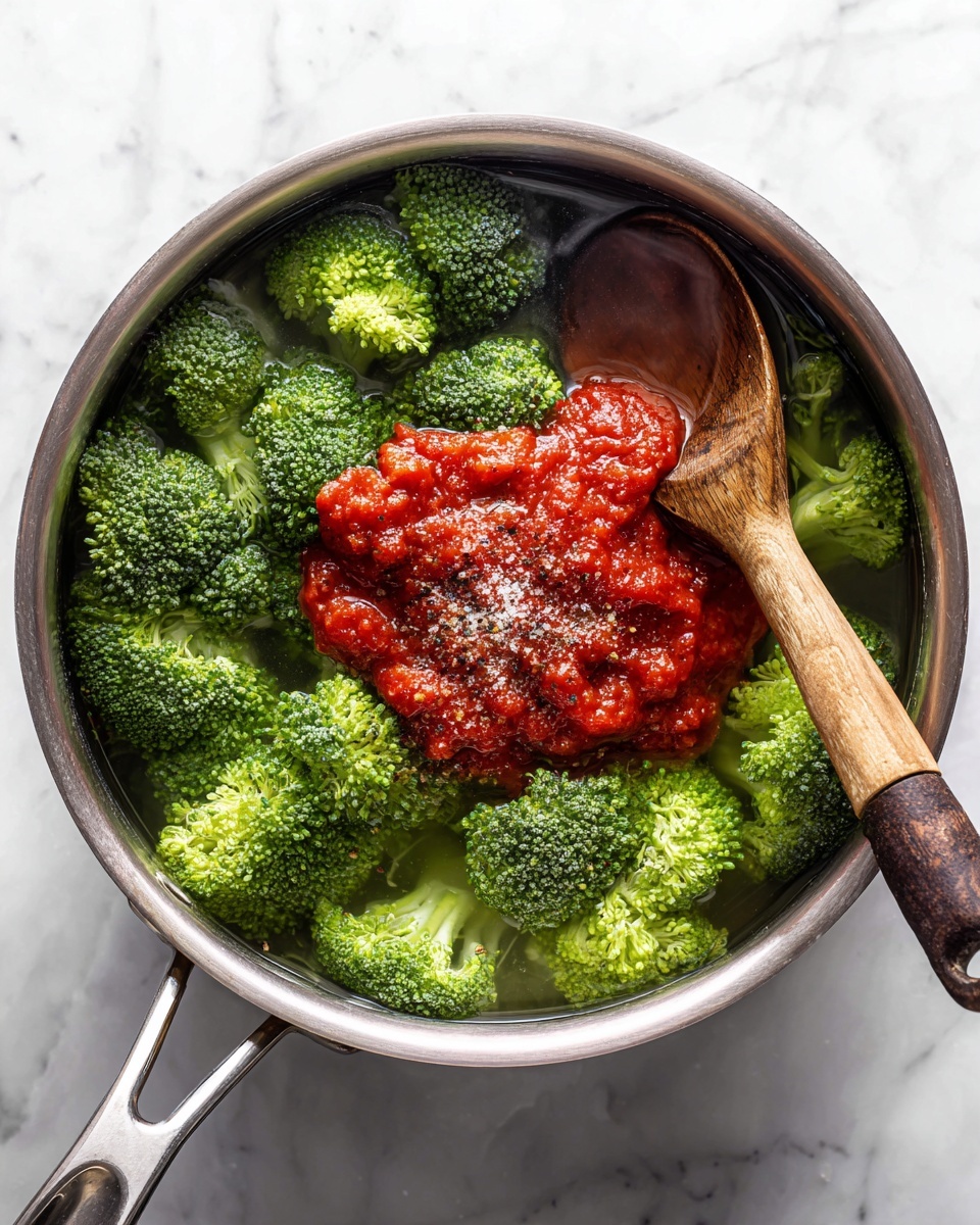 A metal pot on a white marbled surface holds bright green broccoli florets submerged in clear water. On top of the broccoli, there is a thick, red tomato sauce piled in the center, sprinkled with white salt and black pepper. A wooden spoon with a dark handle rests in the pot, partially covered by the water and broccoli. The scene is bright and clean, showing fresh ingredients in the cooking process photo taken with an iphone --ar 4:5 --v 7
