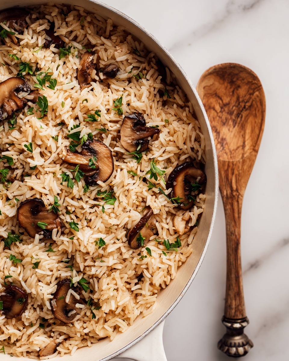 The image shows a close-up of a single layer of cooked rice mixed with sliced brown mushrooms and small green herb pieces scattered throughout. The rice grains are light brown with a soft, slightly shiny texture, and the mushrooms vary in size with a darker brown, smooth surface. The green herbs add small pops of color over the dish. A wooden spoon is partially visible on the right side, blending into the dish. The background is a white marbled texture. Photo taken with an iphone --ar 4:5 --v 7
