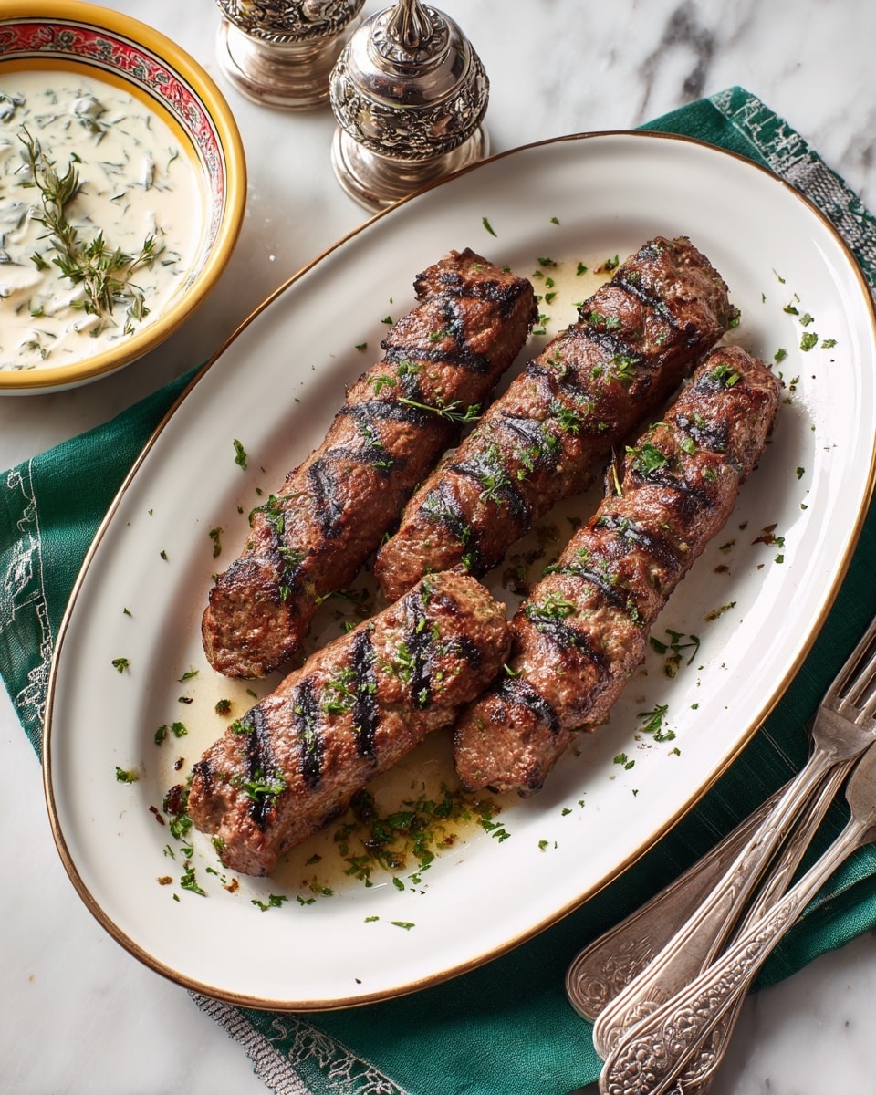 Five grilled meat kebabs with dark brown grill marks lie side by side on a white oval plate with a thin gold rim. The kebabs are textured with small green herb pieces sprinkled on top and around them. The plate sits on a green and white cloth over a white marbled surface. In the background, there is a white bowl with a yellow and red rim holding a creamy white sauce with green herbs visible. Two ornate silver salt and pepper shakers stand behind the plate, and two silver forks rest on the right side of the image. Photo taken with an iphone --ar 4:5 --v 7