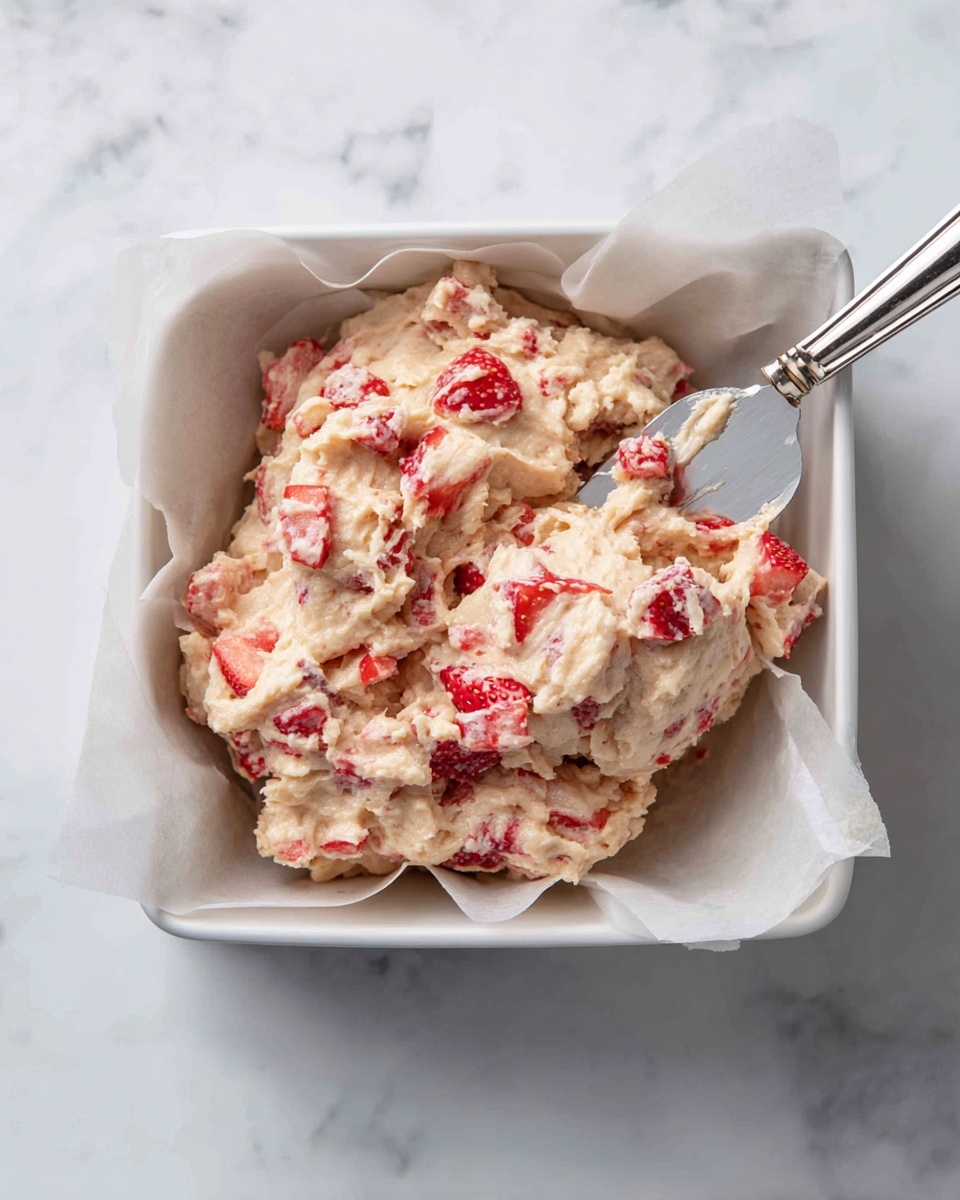 In a white square dish lined with parchment paper, there is light beige dough mixed with small, chopped red strawberries scattered throughout. The dough looks soft and thick with a slightly rough texture. A silver knife rests in the dough, partially lifting a portion, showing the creamy and dense consistency. The background is a white marbled surface, giving a clean and fresh look. photo taken with an iphone --ar 4:5 --v 7