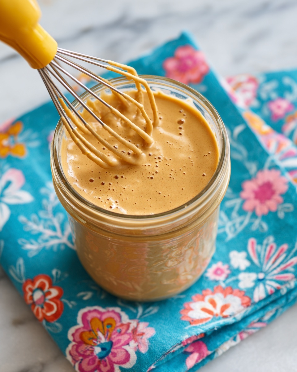 Dalgona Whipped Coffee Recipe 4 A clear glass jar filled with a thick, creamy, light brown mixture is being stirred by a yellow electric hand mixer. The mixer’s metal beaters are partly submerged in the whipped mixture, creating small bubbles and peaks. The jar is placed on a colorful blue cloth with floral patterns in pink, orange, white, and yellow. The setting is on a white marbled surface. Photo taken with an iphone --ar 4:5 --v 7