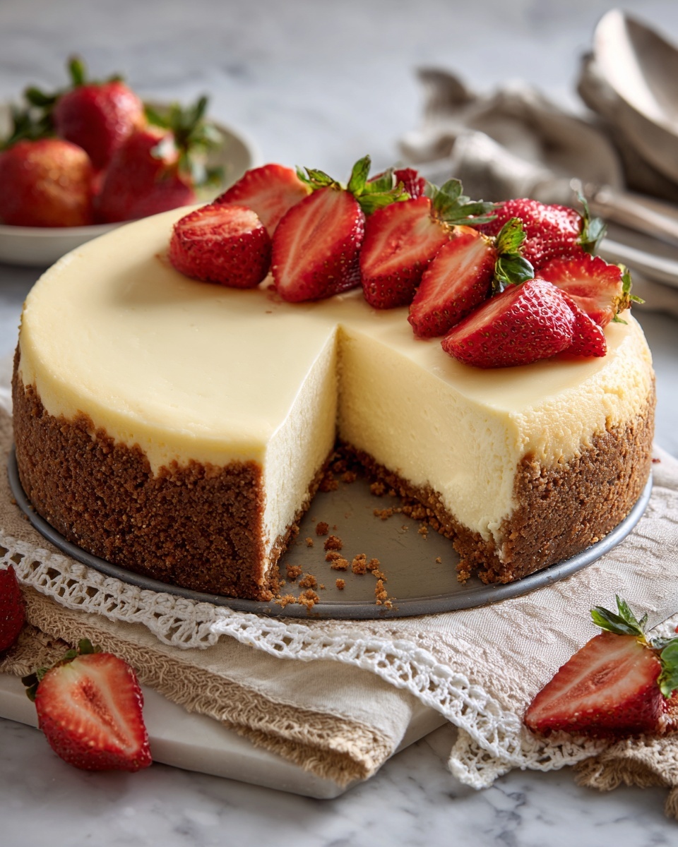 A white plate shows a creamy pale yellow cheesecake with a thick crumbly light brown crust around the edge. The cheesecake is sliced, with one section lifted slightly by a clear spatula visible at the bottom left. On top, there are five fresh strawberries, some whole and some cut in half, with bright red skin and green leaves. The background is a soft white cloth on a white marbled surface with natural light creating soft shadows. Photo taken with an iphone --ar 4:5 --v 7