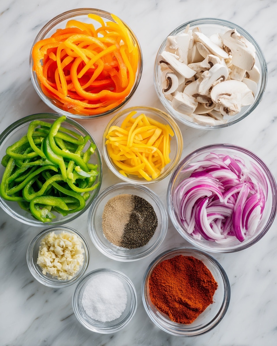 The image shows nine clear glass bowls arranged on a white marbled surface. At the back, four medium bowls hold different sliced vegetables: bright orange, yellow, and red bell pepper strips on the left, thin white mushrooms on the right, long green pepper strips on the front left, and thinly sliced red onion rings on the front right. In front of these are five smaller bowls with spices and minced ingredients: fresh minced garlic in the left bowl, a light brown powder in the next bowl, a white powder in the next bowl, bright red chili powder in the front center bowl, a darker reddish-brown powder in the front right bowl, white salt in the front left bowl, and black pepper in the front center right bowl. The bowls and the white marbled surface create a bright and colorful arrangement. Photo taken with an iphone --ar 4:5 --v 7