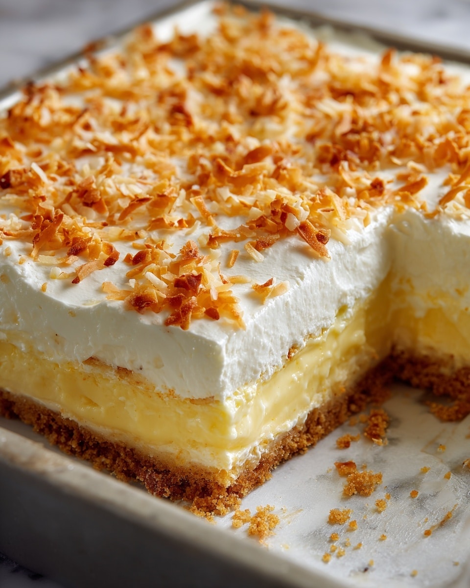 The dessert is shown in a close-up inside a square baking pan with a lightly textured bottom. It has three layers: the bottom layer is a light brown, crumbly crust; the middle layer is a thick, creamy yellow filling with a slightly rough texture; the top layer is a smooth, thick white cream evenly spread out and sprinkled with small bits of toasted, golden coconut flakes. A section is cut out from the dessert, revealing the clear separation of the three layers against the white marbled surface. Photo taken with an iphone --ar 4:5 --v 7