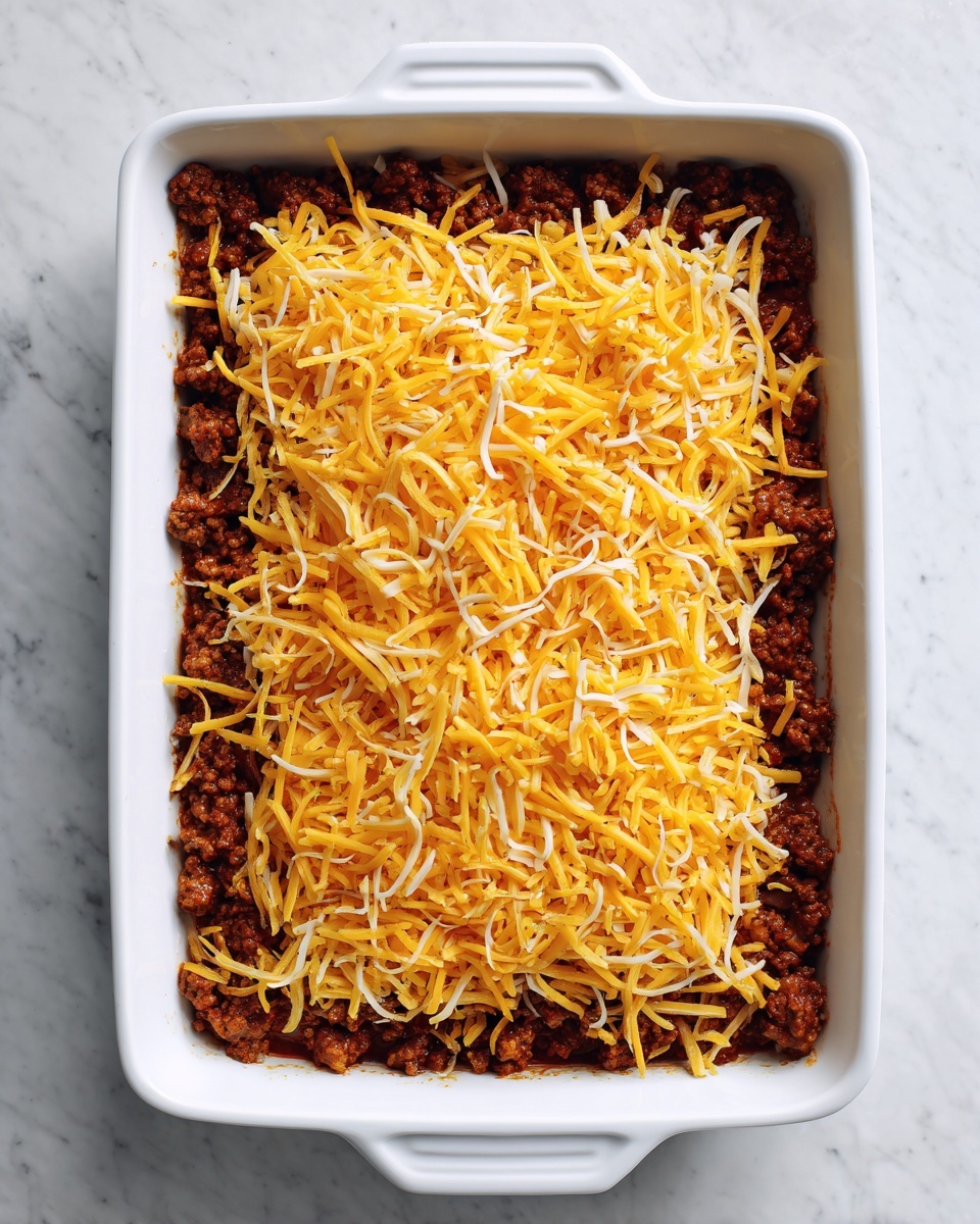 A white rectangular baking dish holds two layers: the bottom layer is browned ground meat mixed with small pieces of cooked onions, showing a rich brown color and a crumbly texture; the top layer is shredded yellow cheese scattered evenly over the meat, adding a bright contrast with thin strands of cheese spread loosely. The dish is set on a white marbled surface, and the image is taken from above. photo taken with an iphone --ar 4:5 --v 7