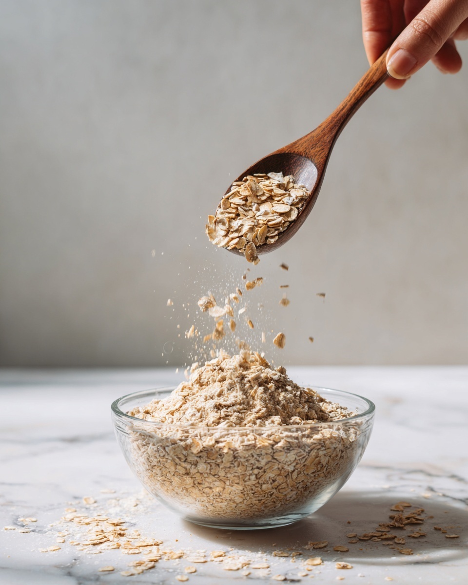 A glass bowl with a rough mixture of light brown ingredients inside it sits on a white marbled surface. Above the bowl, light brown, flat oat flakes are pouring from a brown wooden spoon held by a woman's hand, some flakes in mid-air as they fall toward the bowl. The scene is bright with soft natural light, focusing on the movement and texture of the oats. photo taken with an iphone --ar 4:5 --v 7