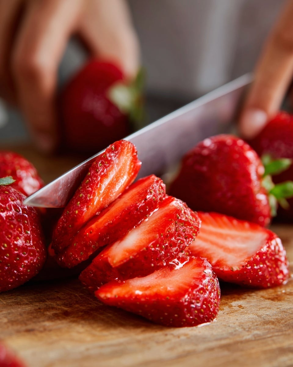 A close-up image shows a woman's hand holding a knife slicing a bright red strawberry into thin pieces on a wooden surface. The strawberry slices reveal the juicy, seed-speckled inside with a vibrant red color. Several whole strawberries, fresh and red, sit in the background slightly out of focus. The scene focuses on the action of slicing with the woman's hand gently holding the fruit steady. Photo taken with an iphone --ar 4:5 --v 7
