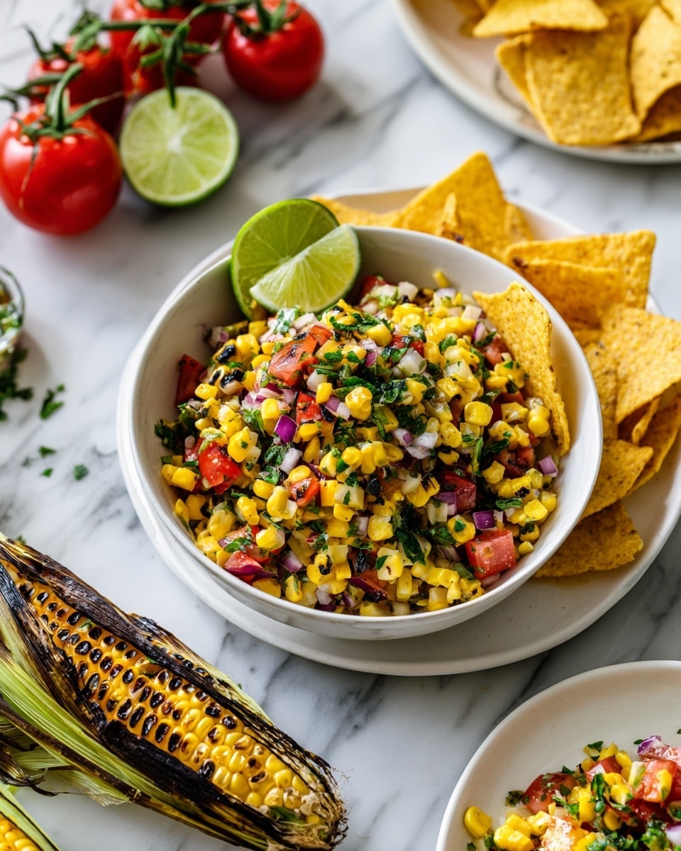 A white bowl filled with a colorful salad of grilled yellow corn pieces with black char marks, bright red diced tomatoes, chopped green herbs, and small pieces of purple onion, topped with green lime wedges on the side; the bowl sits on a white plate surrounded by yellow triangular tortilla chips. In the foreground, two white plates each have a layer of yellow tortilla chips topped with a small pile of the same corn salad with red, green, and purple colors. To the side, a charred corn cob with green husks is visible, and ripe red tomatoes on the vine are placed on a white marbled surface. The whole scene is bright and fresh. Photo taken with an iphone --ar 4:5 --v 7