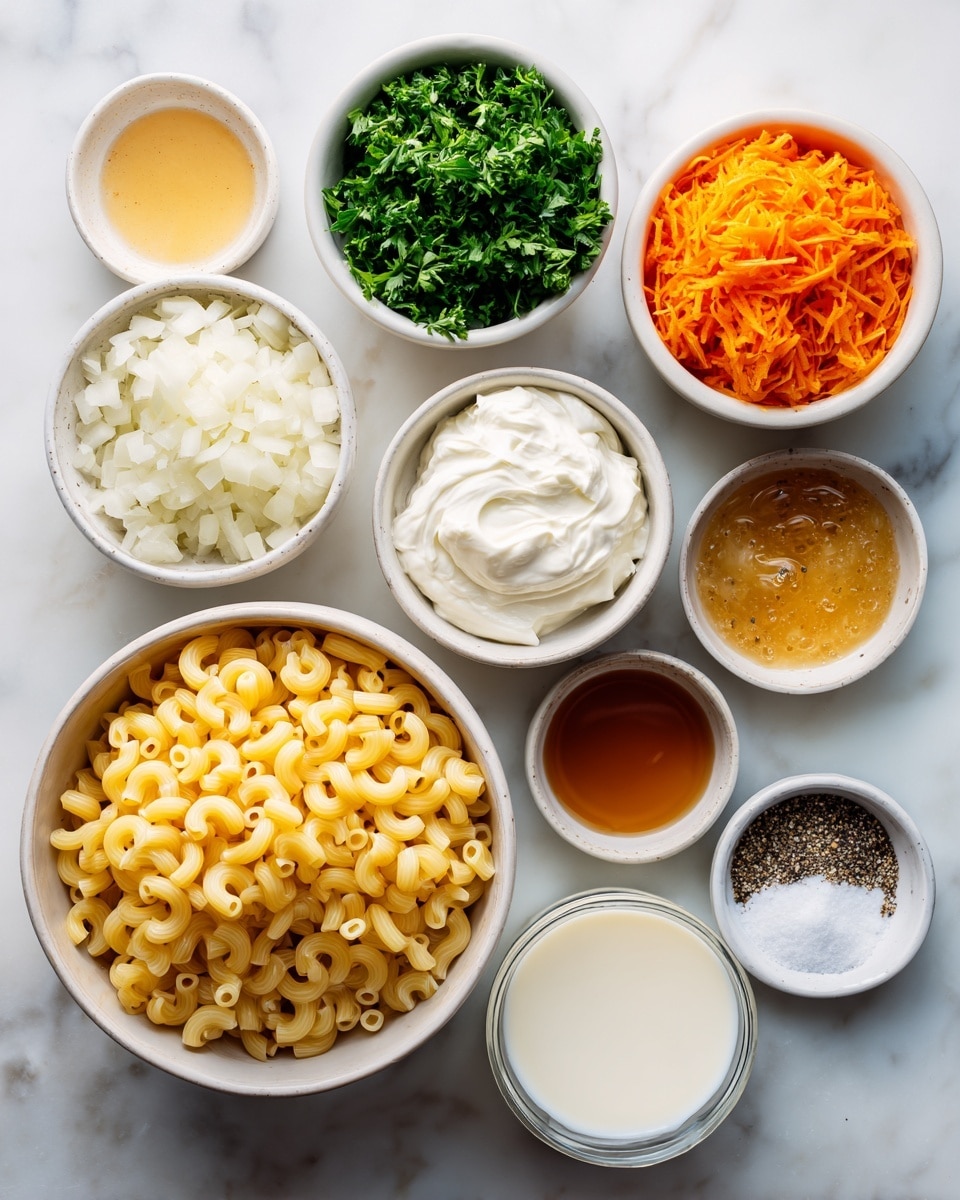 The image shows a top-down view of several white bowls placed on a white marbled surface, each containing different ingredients for a recipe. The largest bowl, positioned at the bottom left, is filled with uncooked elbow macaroni, which is yellow and curved. Above this, smaller bowls contain bright orange shredded carrot, finely chopped white onion, fresh green minced parsley, and thick white Greek yogurt with a creamy texture. Another bowl holds a smooth dollop of shiny, pale mayonnaise. There are also bowls with light brown honey, light golden apple cider vinegar, pure white milk, and a tiny dish with a mix of black pepper and white salt sprinkled side by side. The composition is neat and organized, with each ingredient clearly visible. Photo taken with an iphone --ar 4:5 --v 7