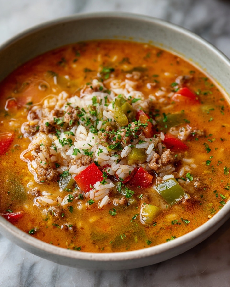 A close-up view of a light gray bowl filled with thick soup, showing multiple layers including small chunks of brown ground meat, soft white rice, and chopped red and green bell peppers in a rich orange-red broth. The soup is garnished with small green herb pieces sprinkled evenly across the surface. The bowl sits on a white marbled textured surface. photo taken with an iphone --ar 4:5 --v 7