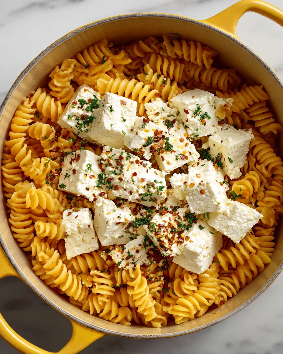 A yellow pot filled with spiral pasta at the bottom layer, which is soft and light orange in color. On top of the pasta are big white cubes of cream cheese placed unevenly. Scattered over the cheese are green chopped herbs and red chili flakes, adding texture and color contrast. The pot is placed on a white marbled surface. photo taken with an iphone --ar 4:5 --v 7