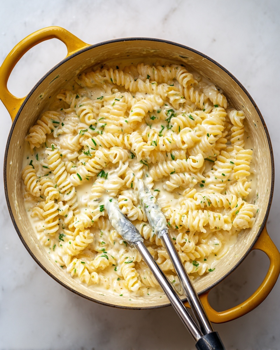 The image shows a deep yellow pot filled with creamy white pasta spirals mixed with a smooth sauce, lightly speckled with small green herbs throughout. The pot sits on a white marbled surface that adds a clean and bright background. Two kitchen tongs with black and silver handles rest inside the pot, each tipped with bits of the creamy sauce. The pasta looks soft and evenly coated, filling the pot nearly to the top. Photo taken with an iphone --ar 4:5 --v 7