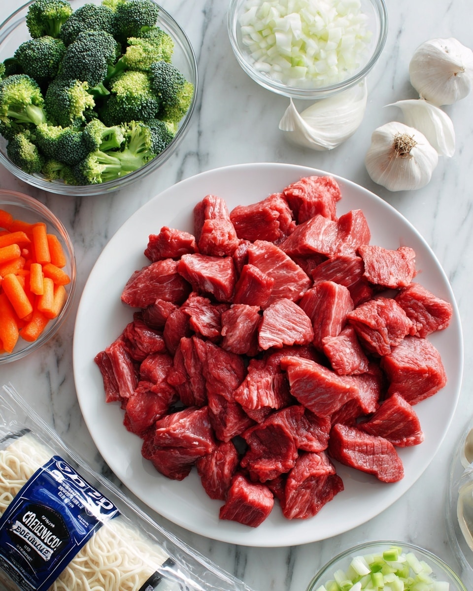 A white plate filled with many pieces of raw red meat is placed on a white marbled surface. Around the plate are four clear glass bowls with different vegetables: one bowl has bright green broccoli florets, another has orange carrot sticks, and the last has white chopped onions. There are also four whole garlic cloves placed near a package of organic Chinese lo mein noodles with a blue and black label sitting flat on the surface. Photo taken with an iphone --ar 4:5 --v 7