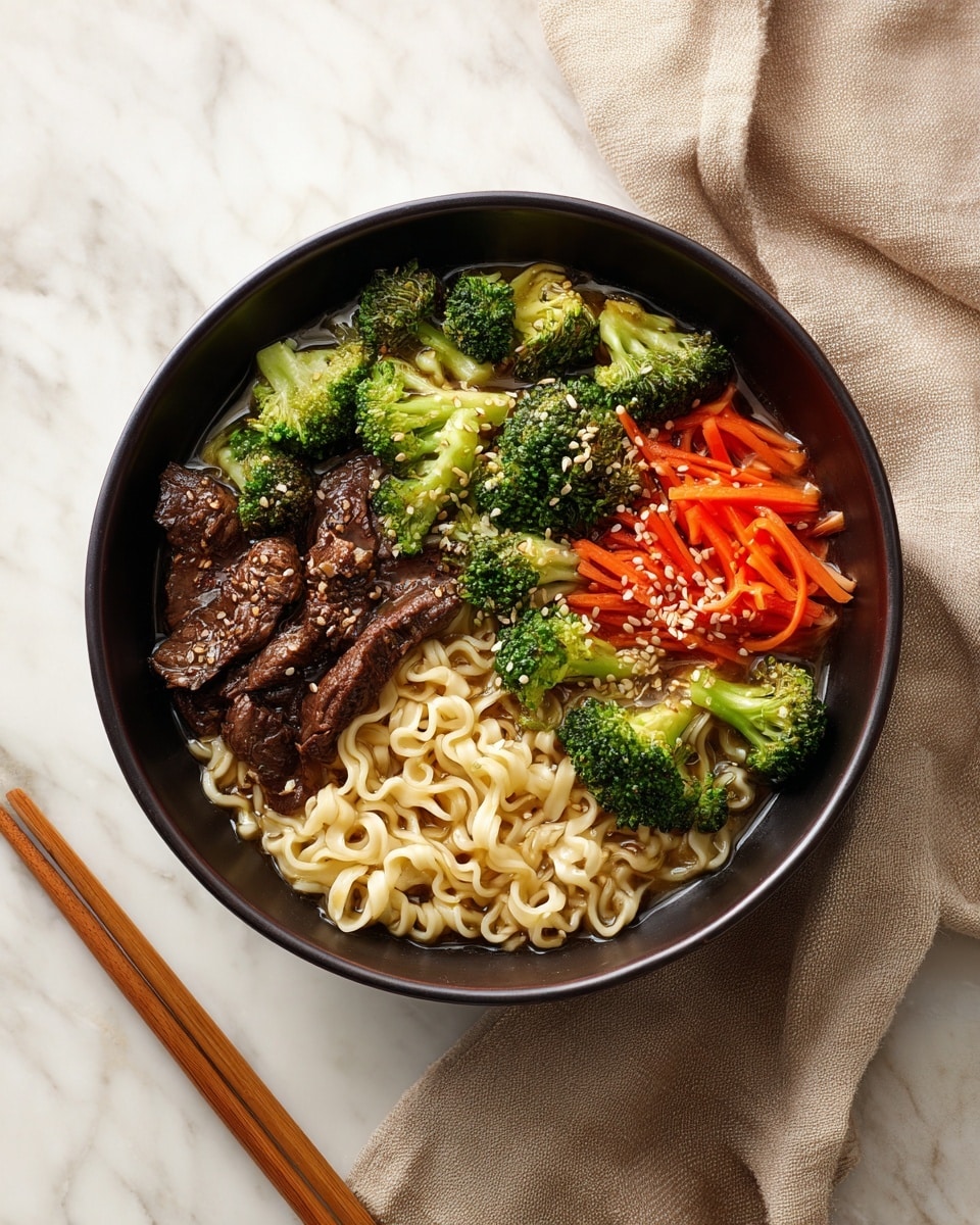 The image shows a black bowl filled with a colorful stir-fry noodle dish placed on a white marbled surface. Inside the bowl, there are three main visible layers: the bottom layer has light brown flat noodles, the second layer contains bright green broccoli florets and thin orange carrot strips, and the top layer is scattered with dark brown slices of cooked meat. There are some white sesame seeds sprinkled on top adding texture. Next to the bowl, two light brown wooden chopsticks rest on the white marbled surface. A beige cloth napkin adds a soft, casual touch to the scene. Photo taken with an iphone --ar 4:5 --v 7