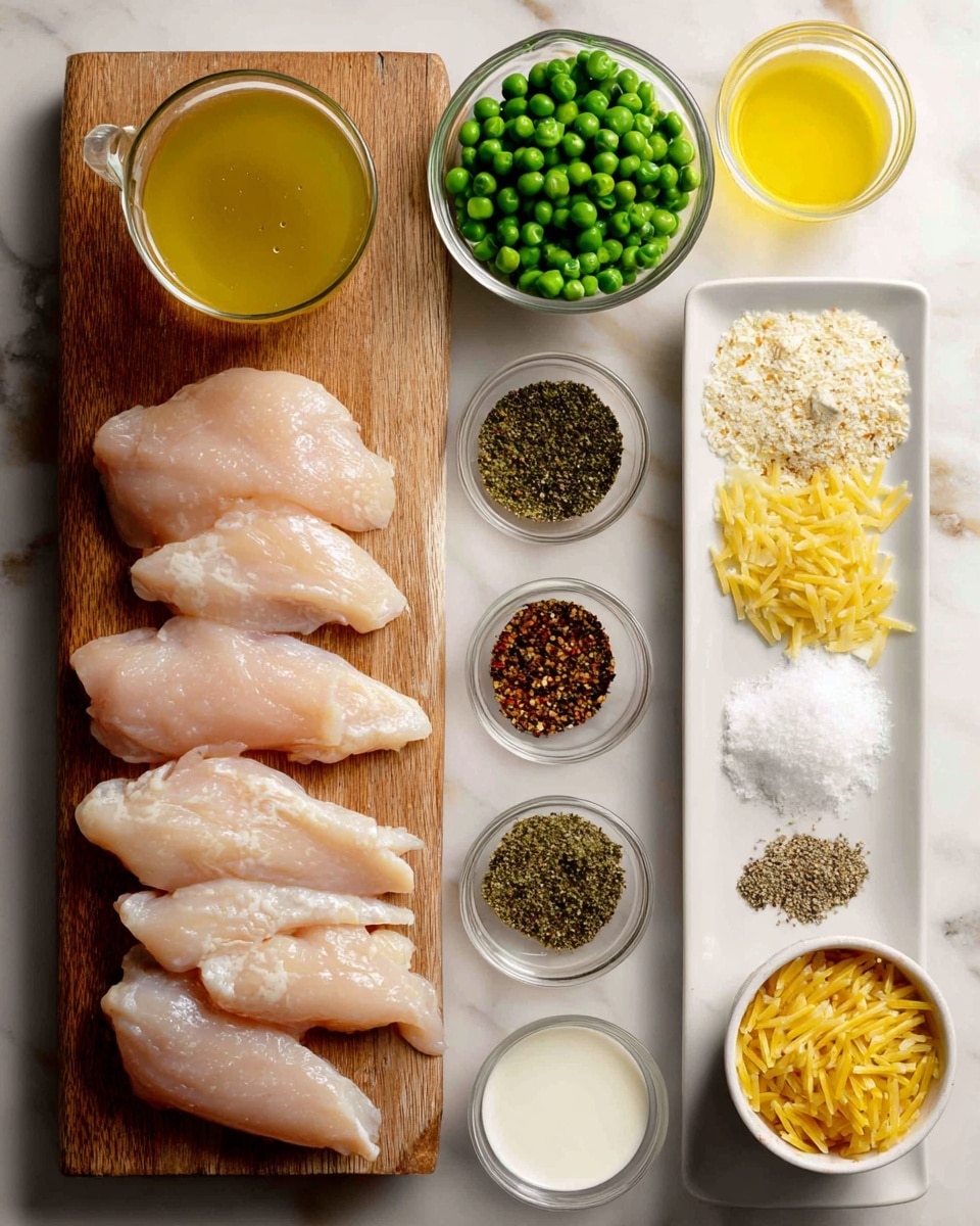 A wooden board on the left holds 10 raw light pink chicken strips arranged in two rows. Around it are small clear glass and white bowls with ingredients: top center shows a clear glass bowl with green peas and next to it a clear glass cup filled with light yellow chicken broth. Below are three small clear bowls containing Italian seasoning (dark green spices), grated parmesan cheese (light cream powder), and minced garlic (off-white paste). On the right, a long white rectangular plate is divided into three sections holding dark brown oregano, black pepper, and white salt. Above it is a small white bowl with yellow oil and next to it a small pile of bright yellow lemon zest. At the bottom are three small clear bowls with heavy cream (white liquid), lemon juice (pale yellow liquid), and a white bowl filled with dry golden orzo pasta. The surface is a white marbled texture. photo taken with an iphone --ar 4:5 --v 7
