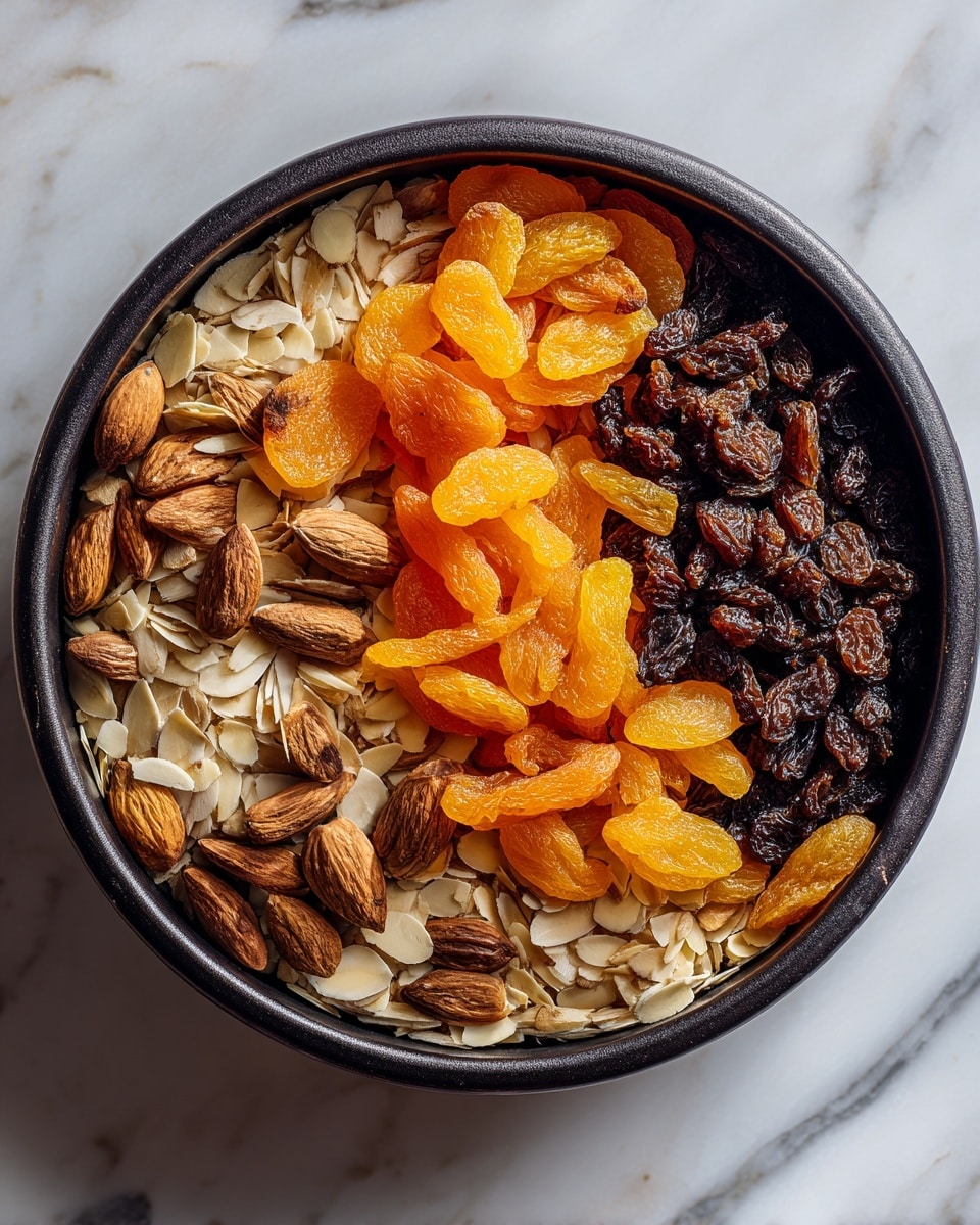 A round black pan holds a mix of dried fruits and nuts. The bottom layer is pale brown, thin slivered almonds scattered around the edges. Dark brown raisins form a thick center layer, looking plump and soft. On top of the raisins, bright orange dried apricot strips are spread loosely. The pan sits on a white marbled surface. photo taken with an iphone --ar 4:5 --v 7