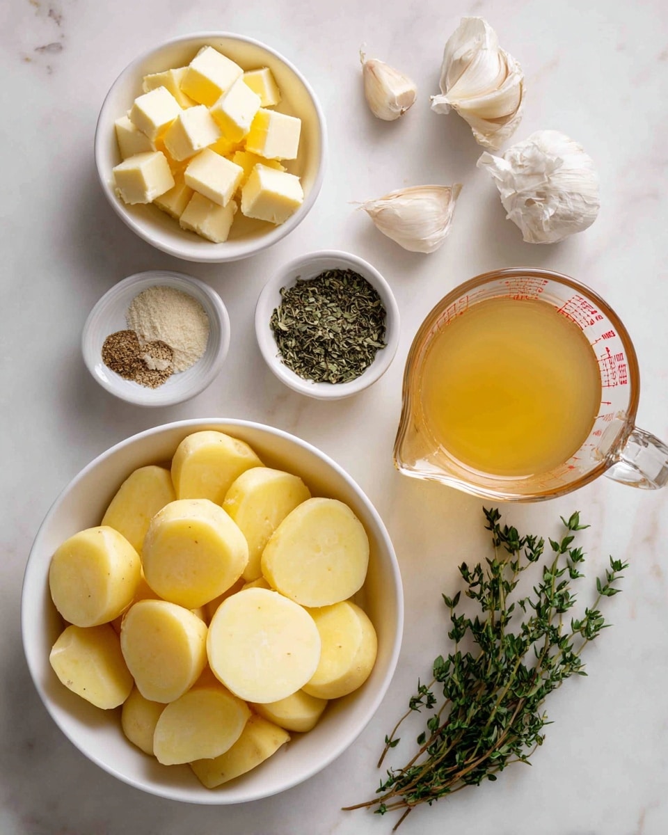 A top view of ingredients arranged on a white marbled surface: at the bottom center, a white bowl filled with thick round slices of peeled yellow potatoes, above it slightly to the left a small white bowl full of light yellow butter cubes, next to it on the right a clear glass measuring cup with light golden broth, above them a small white bowl divided into three sections holding green dried herbs, a beige dried spice, and ground black pepper, two peeled garlic cloves placed nearby on the surface, and two sprigs of fresh green herbs lying near the bottom right side. Photo taken with an iphone --ar 4:5 --v 7