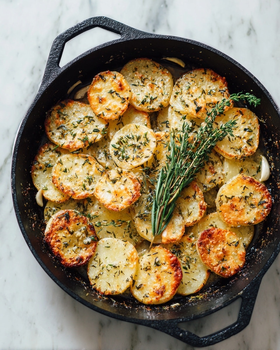 A black cast iron pan filled with one layer of round potato slices that are golden brown and crispy on the top, sprinkled with herbs, and partially soaked in melted butter. There are a few cloves of garlic and two small sprigs of fresh green rosemary and thyme placed among the potato slices. The pan is set on a white marbled tiled surface. photo taken with an iphone --ar 4:5 --v 7