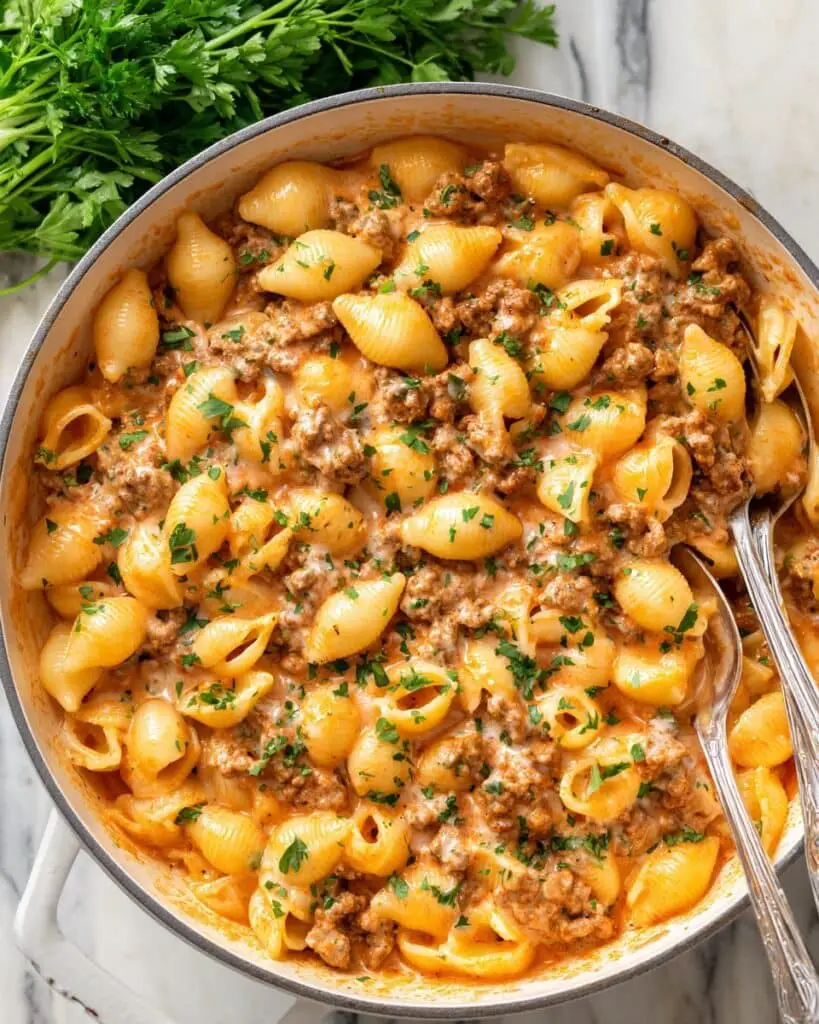 One Pot Cheesy Beef and Shells Recipe