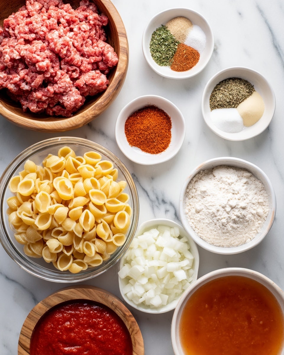 A top view of various cooking ingredients arranged on a white marbled surface, featuring seven bowls of different sizes. In the top left, a wooden bowl holds raw ground meat with a pink color and rough texture. To its right, a small white bowl contains four different spices and seasonings divided into neat sections: green dried herbs, white salt, light beige garlic powder, and orange-red chili powder. Below them, a large clear glass bowl is filled with bright yellow small shell pasta. Next to the pasta, a white bowl is filled with chopped white onions. Below the meat, a small clear bowl holds white flour, and nearby, a wooden bowl contains finely chopped garlic. On the bottom left, a medium-size clear glass bowl is filled with smooth red tomato sauce, and on the bottom right, a larger white bowl contains orange chicken broth with a liquid texture. Photo taken with an iphone --ar 4:5 --v 7