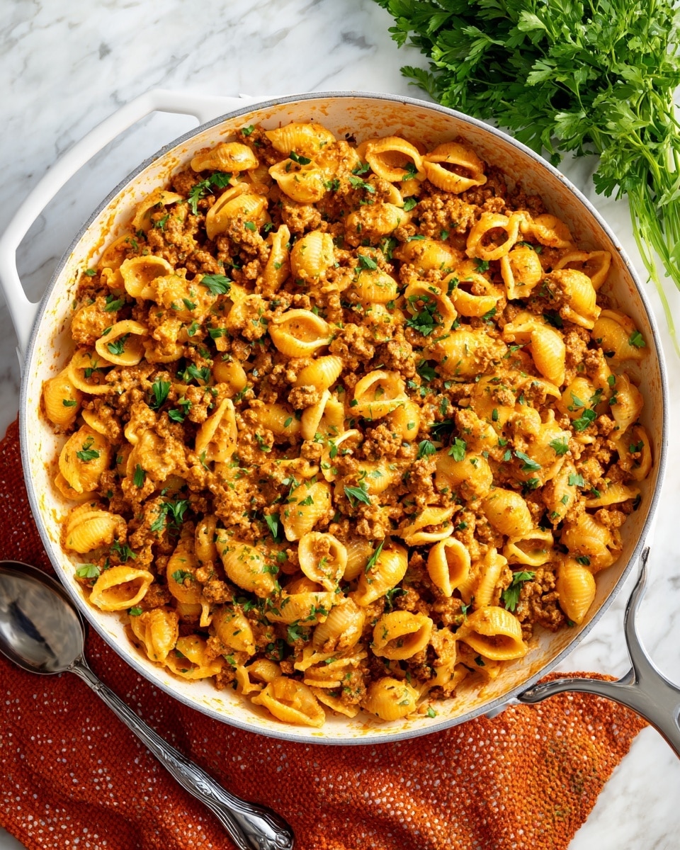 A large white pan filled with a creamy pasta dish made of small shell pasta mixed with browned ground meat and coated in a rich orange sauce. The pasta and meat are spread evenly all over the pan with small green parsley leaves scattered on top for fresh color. Around the pan on a white marbled surface, there is a small bunch of fresh parsley and a silver spoon, with an orange textured cloth nearby. photo taken with an iphone --ar 4:5 --v 7