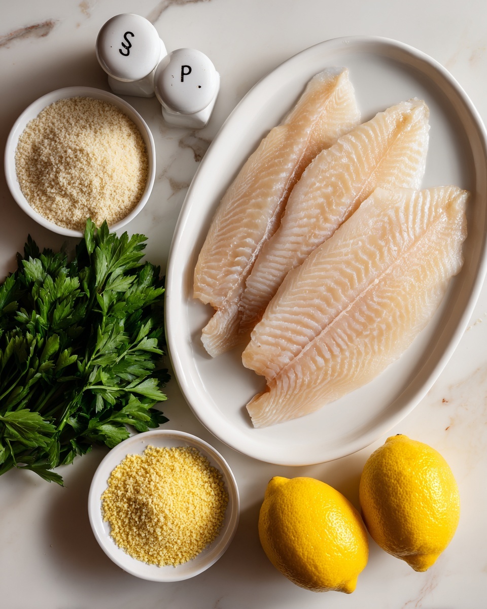 There is a white oval plate in the center with four layers of light beige fish fillets that have a slight translucency and waves in their texture, arranged side by side. Below and to the right of the plate are two bright yellow lemons with smooth skin. To the left side and slightly below the plate, there is a bunch of fresh green parsley with visible veins and leaves spread out. Near the bottom are two small white bowls, one filled with light beige breadcrumbs and the other with a mix of finer yellow flakes. There are also two white salt and pepper shakers with