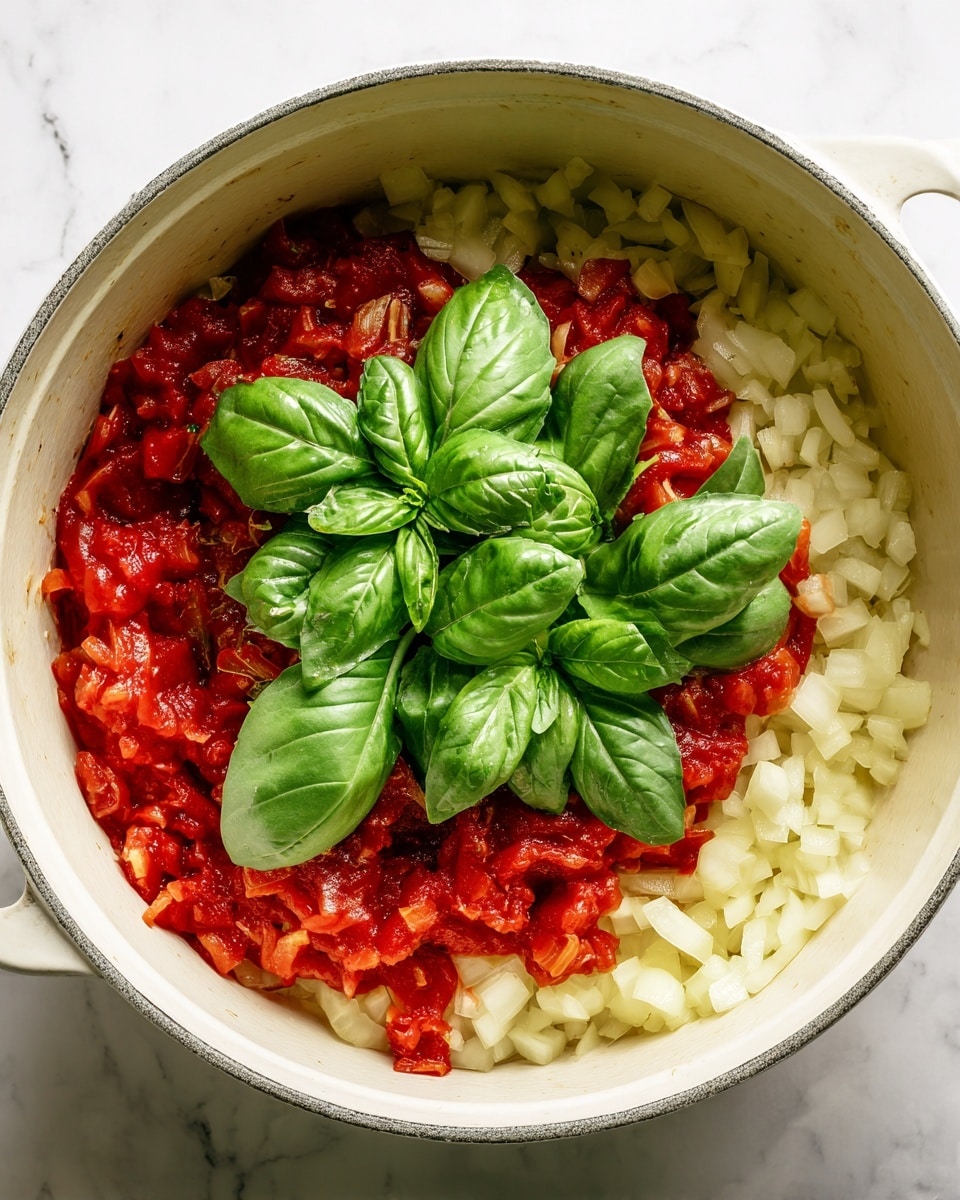 The image shows a close-up of a white pot with three main visible layers. The bottom layer is diced onions, light yellow in color, spread evenly across the pot. Above the onions, there is a layer of chunky red tomato pieces mixed in a red sauce. On top, there are fresh, large green basil leaves placed in the middle, with some parts slightly glossy, showing texture and veins, making the green color stand out against the onions and tomatoes. The pot sits on a white marbled surface. photo taken with an iphone --ar 4:5 --v 7