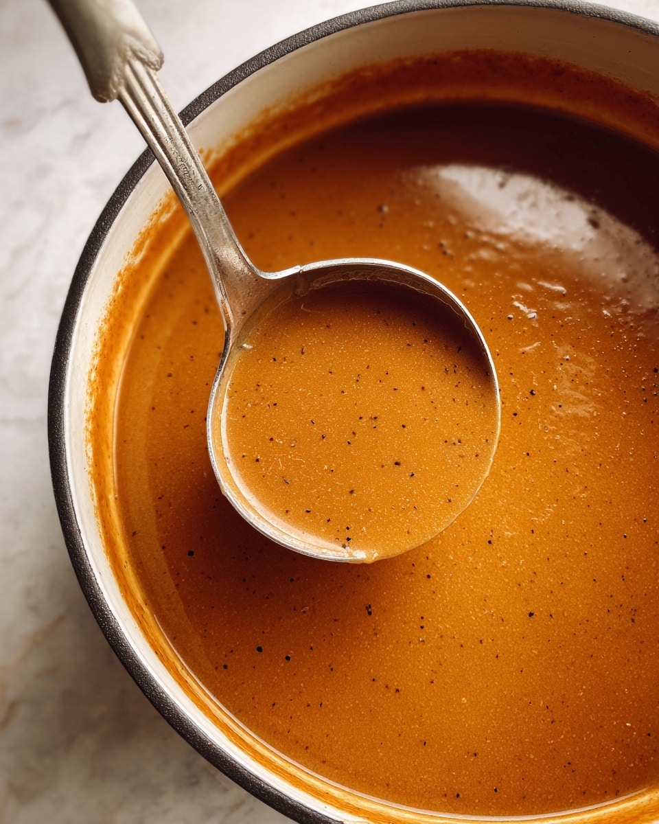 A close-up view of a smooth, creamy soup with a rich orange-brown color and tiny dark specks, filling a large pot. A silver ladle is partially dipped into the soup, showing its thick texture as it scoops up the liquid from the pot. The background surface is a white marbled texture. Photo taken with an iphone --ar 4:5 --v 7