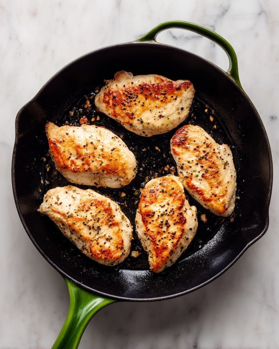 In a round black cast iron pan with a green handle resting on a white marble surface, four pieces of cooked chicken are arranged inside. Each piece shows a golden brown and slightly crispy texture on top with scattered black pepper seasoning visible. The chicken pieces have light browning and some darker char marks, giving a well-cooked look. The pan surface shows some oil and small browned bits from cooking, adding texture around the chicken pieces. The scene captures the food and pan from above, emphasizing the contrast between the black pan and white marble background. photo taken with an iphone --ar 4:5 --v 7