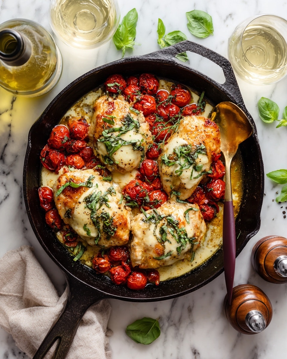 In a black cast iron pan on a white marbled surface, there are four thick, light golden chicken pieces arranged in a loose circle. Each chicken piece is topped with a smooth, white layer of melted cheese, and bright red roasted cherry tomatoes, some whole and some slightly burst, cover the pan around the chicken. Fresh chopped green basil is sprinkled over the top, adding a fresh pop of color. On the right side of the pan, a gold spoon with a dark purple handle rests partially in the sauce. Nearby on the marble surface are two glasses with light yellow wine, a wine bottle, a clear glass bottle with a stopper, fresh basil leaves, and two wooden pepper and salt shakers. The photo taken with an iphone --ar 4:5 --v 7