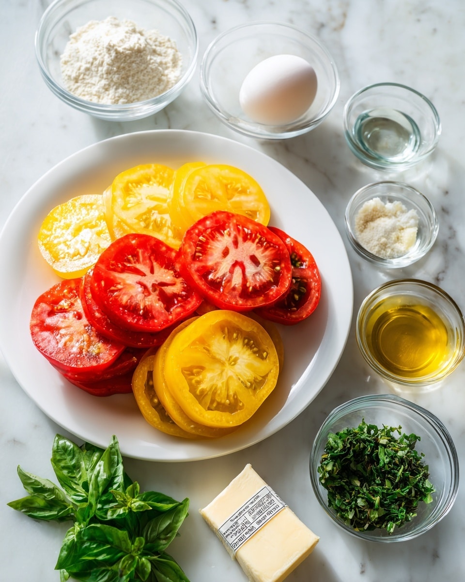 A white plate holds two stacks of tomato slices; the left stack has bright yellow slices, and the right stack has red slices. Surrounding the plate on a white marbled surface are small glass bowls with various ingredients: flour, a whole egg, chopped green herbs, grated cheese, salt, and clear liquids. There is also some fresh green basil near the bottom left and a stick of butter with measurements on the wrapper near the bottom center. photo taken with an iphone --ar 4:5 --v 7