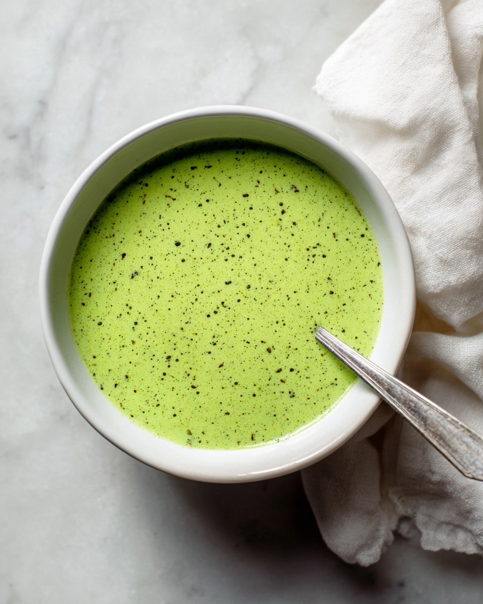 A close-up of a white bowl filled with smooth, creamy light green soup that has tiny dark green specks evenly spread throughout. The soup surface is flat and slightly shiny. A silver spoon rests on the right edge inside the bowl, partially submerged but visible. The bowl sits on a white marbled surface, with a soft, loosely folded white cloth placed near the top right corner. The overall scene has soft natural light with gentle shadows. photo taken with an iphone --ar 4:5 --v 7