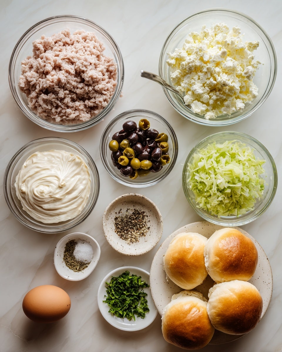 The image shows various cooking ingredients arranged neatly on a white marbled surface. In the center is a clear glass bowl filled with pale pink ground meat, slightly textured. Around it are smaller clear glass bowls holding creamy white mayonnaise with swirled texture, finely chopped dark brown olives, and crumbly white cheese. Next to these are finely shredded light green celery or cucumber, minced light brown garlic or ginger, and finely chopped fresh green herbs. There is also a small white dish with a mix of black pepper, salt, and dried herbs. To the side, a brown egg rests in a small rustic bowl, and a white rectangular plate holds four golden-brown shiny bread rolls stacked closely. In the bottom right, a fresh yellow lemon is visible, adding a bright pop of color. The arrangement is clean and well-lit, with a soft natural light. Photo taken with an iphone --ar 4:5 --v 7