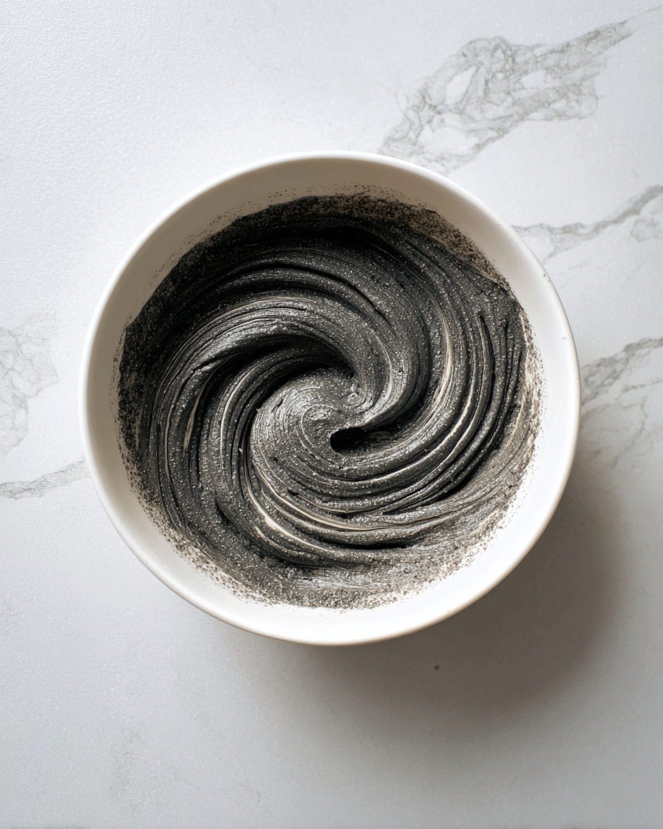 A white bowl filled with a single thick layer of grayish black creamy paste, swirled smoothly on the top with visible texture lines creating circular motions from the center outwards. The bowl sits on a white marbled surface. Photo taken with an iphone --ar 4:5 --v 7